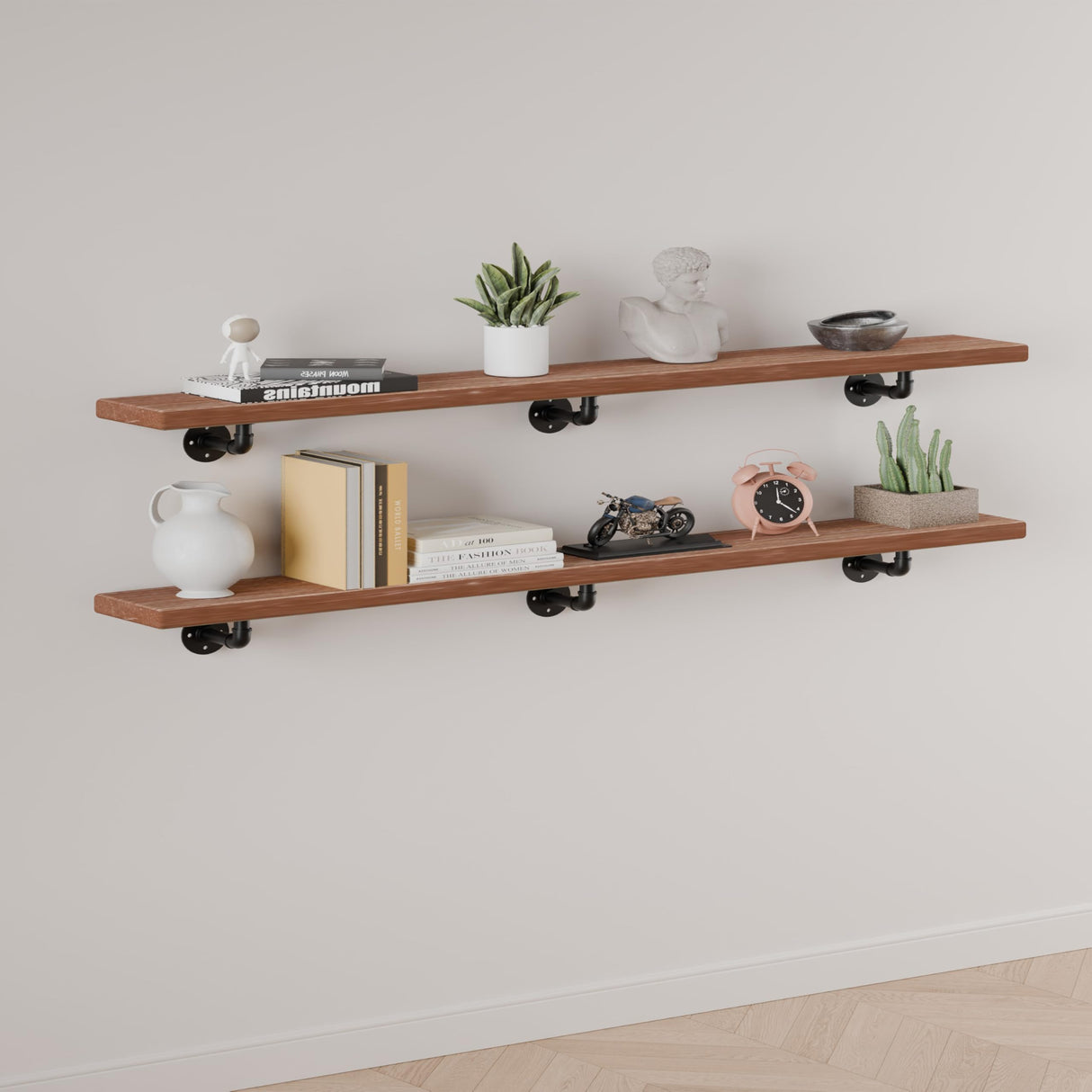 Industrial Pipe Shelving Shelf, Wall Shelves Wood Shelf:Kitchen Shelves, 60 Inches Wood Long Floating Shelves for Wall Farmhouse Pipe Book Shelves Dark Brown for Decor and Bar Shelving IEO