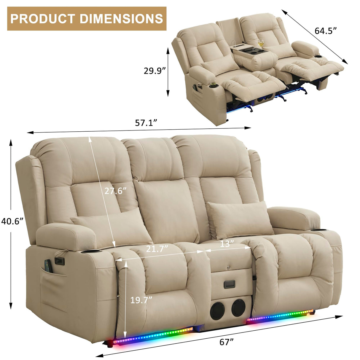 URRED Power Reclining Loveseat Sofa with Console, RV Couch Loveseat Recliner Sofa with Massage & Heat, LED Light, Cupholders, Bluetooth Speakers, USB Charge Ports, Outlets, Leathaire, Beige URRED