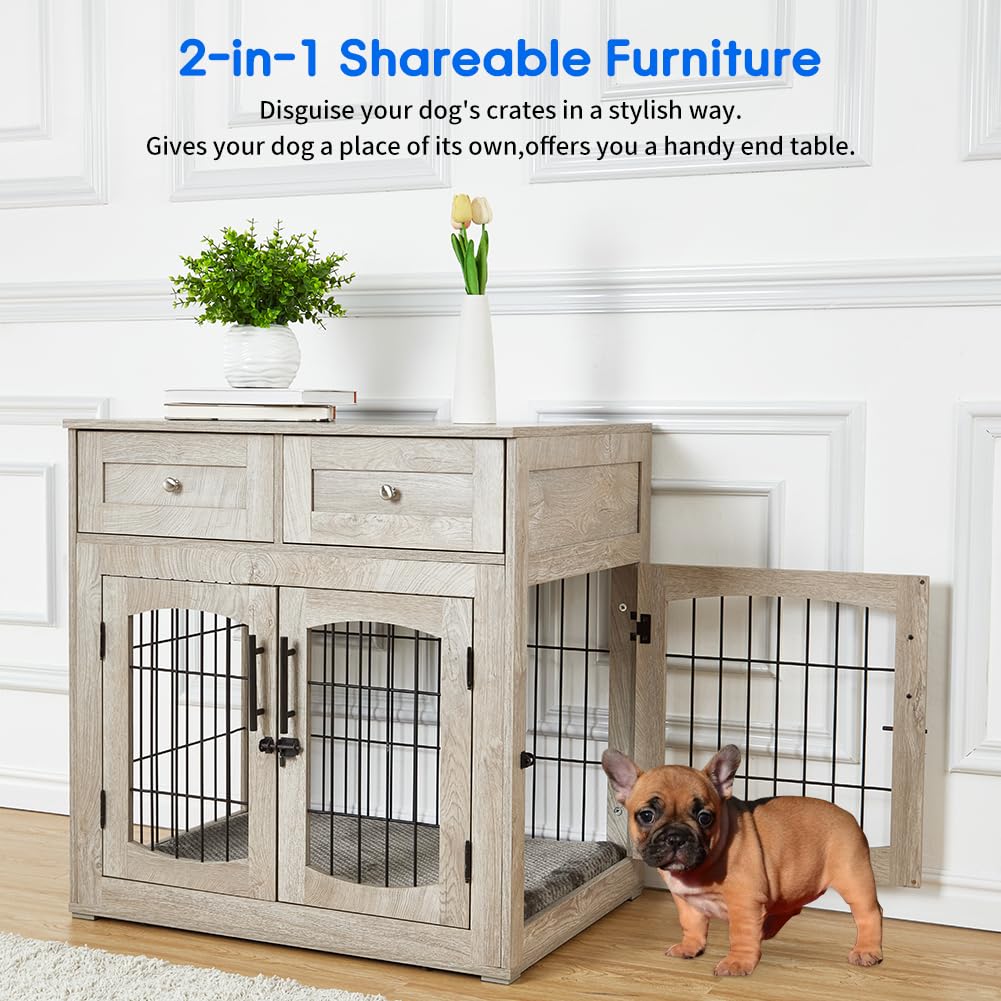 Dog Crate Furniture with 3 Doors,31.5" Large Dog Crate with 2 Drawer & Cushion,Wooden Dog House Kennel for Medium/Large Dog,Dog Crate Table Up to 70 lbs,Indoor End Table Dog House Knowfunn