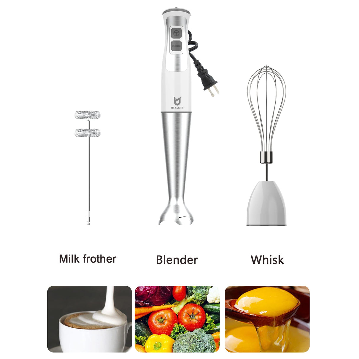 Immersion Hand Blender, UTALENT 3-in-1 8-Speed Stick Blender with Milk Frother, Egg Whisk for Smoothies, Coffee Milk Foam, Puree Baby Food, Sauces and Soups - White UTALENT