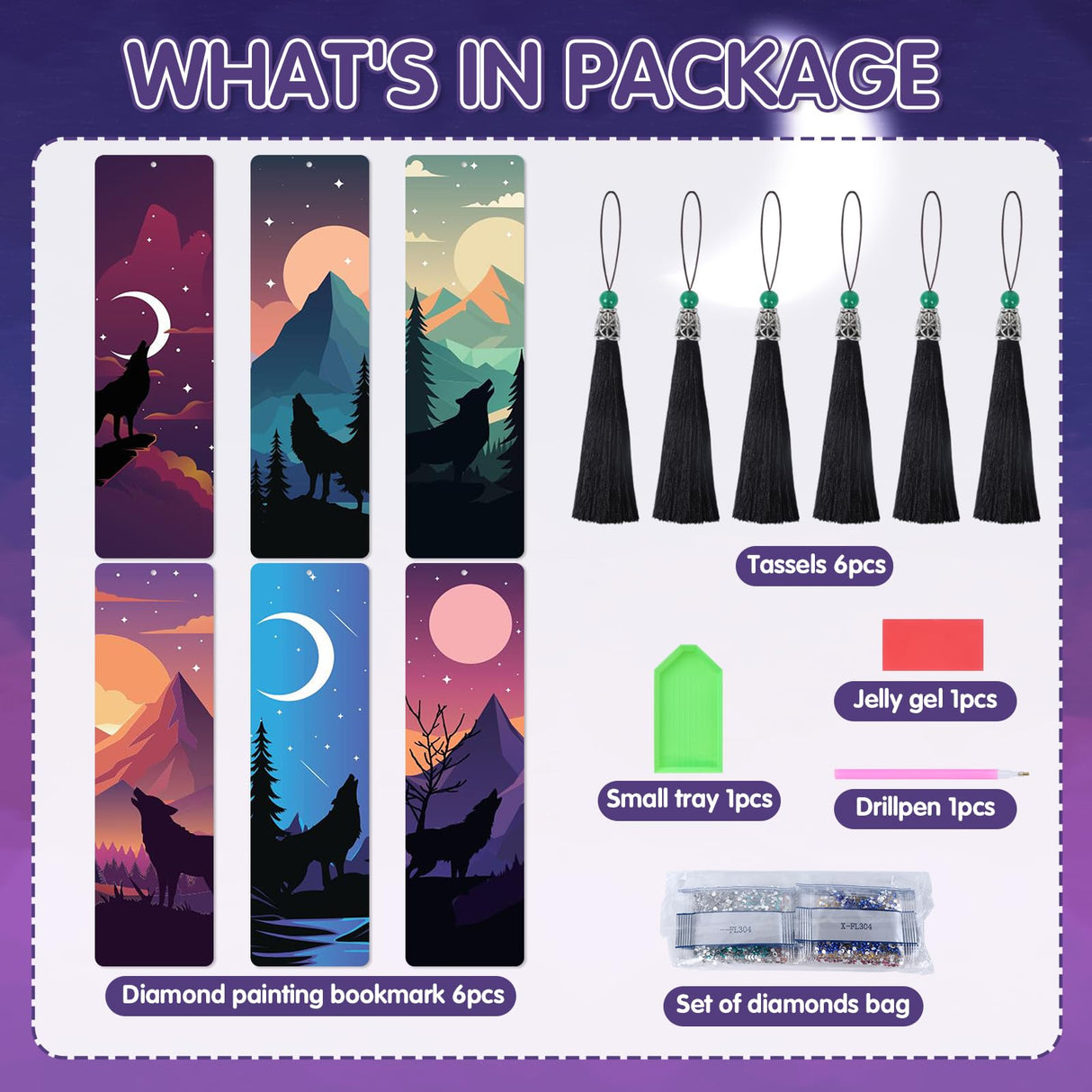 Wolf Diamond Art Bookmarks - 6 Pcs Wild Animal Diamond Painting Bookmarks, Wolf Theme 3D DIY Gem Art Rhinestone Crafts Kit for Adult Sitsink