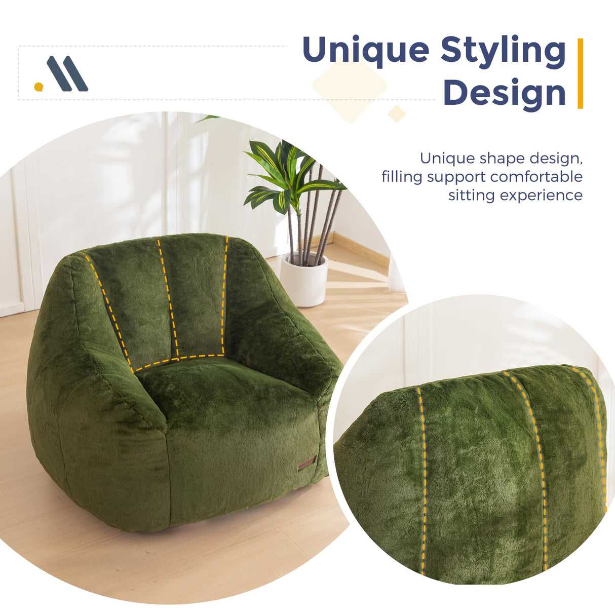 MAXYOYO Bean Bag Chair, Comfy Bean Bag Sofa with Back Support, Faux Fur Bean Bag Chair for Adults and Kids, Stuffed Floor Sofa for Living Room, Bedroom, Apartment, Green MAXYOYO