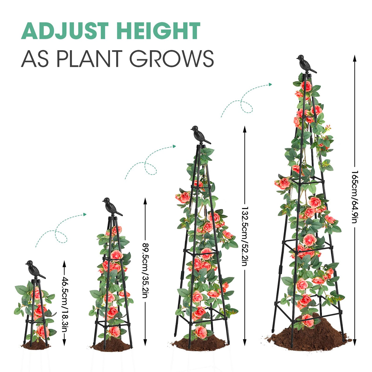 MQHUAYU 2 Pack Garden Obelisk Trellis for Climbing Plants Outdoors, 65 Inch Rustproof Plant Stand Climbing Support with Adjustable Heights for Indoor Potted Plants, Vines, Flowers Stands, Vegetables MQHUAYU