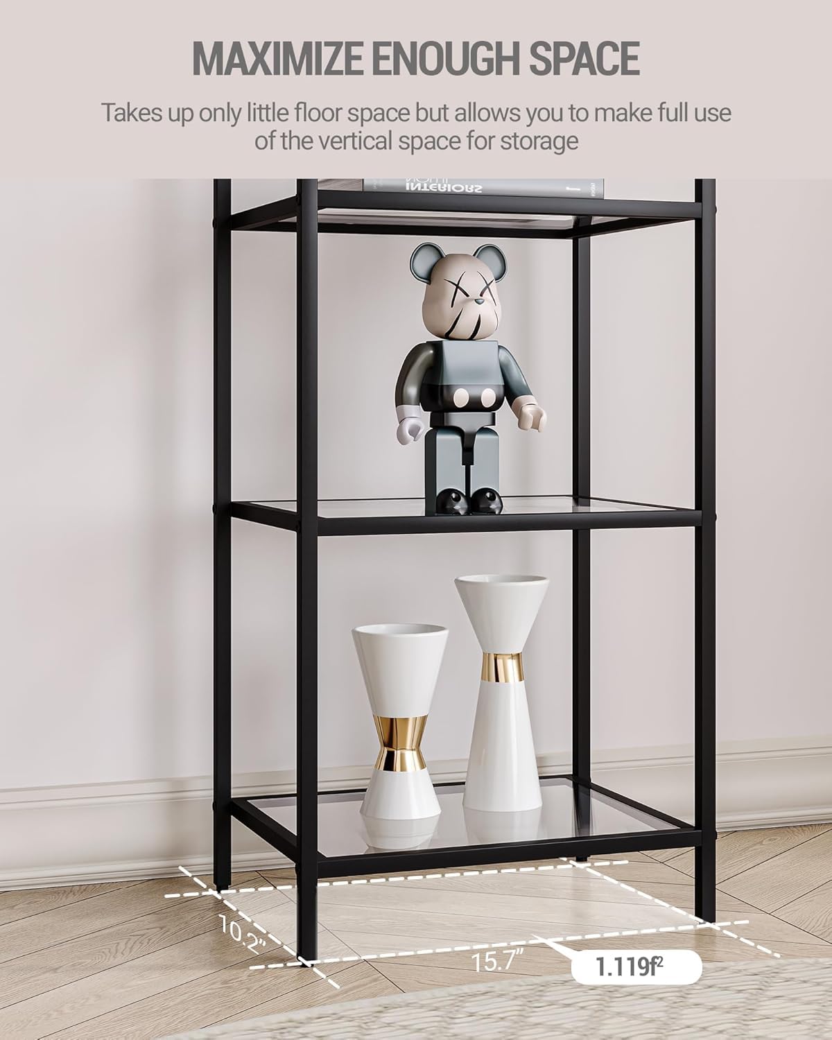 Hzuaneri Bookcase Bookshelf, Tempered Glass Bookshelves, Slim Shelving Unit for Bedroom, Bathroom, Home Office, Steel Frame, 6 Tier Black BC10601B Hzuaneri