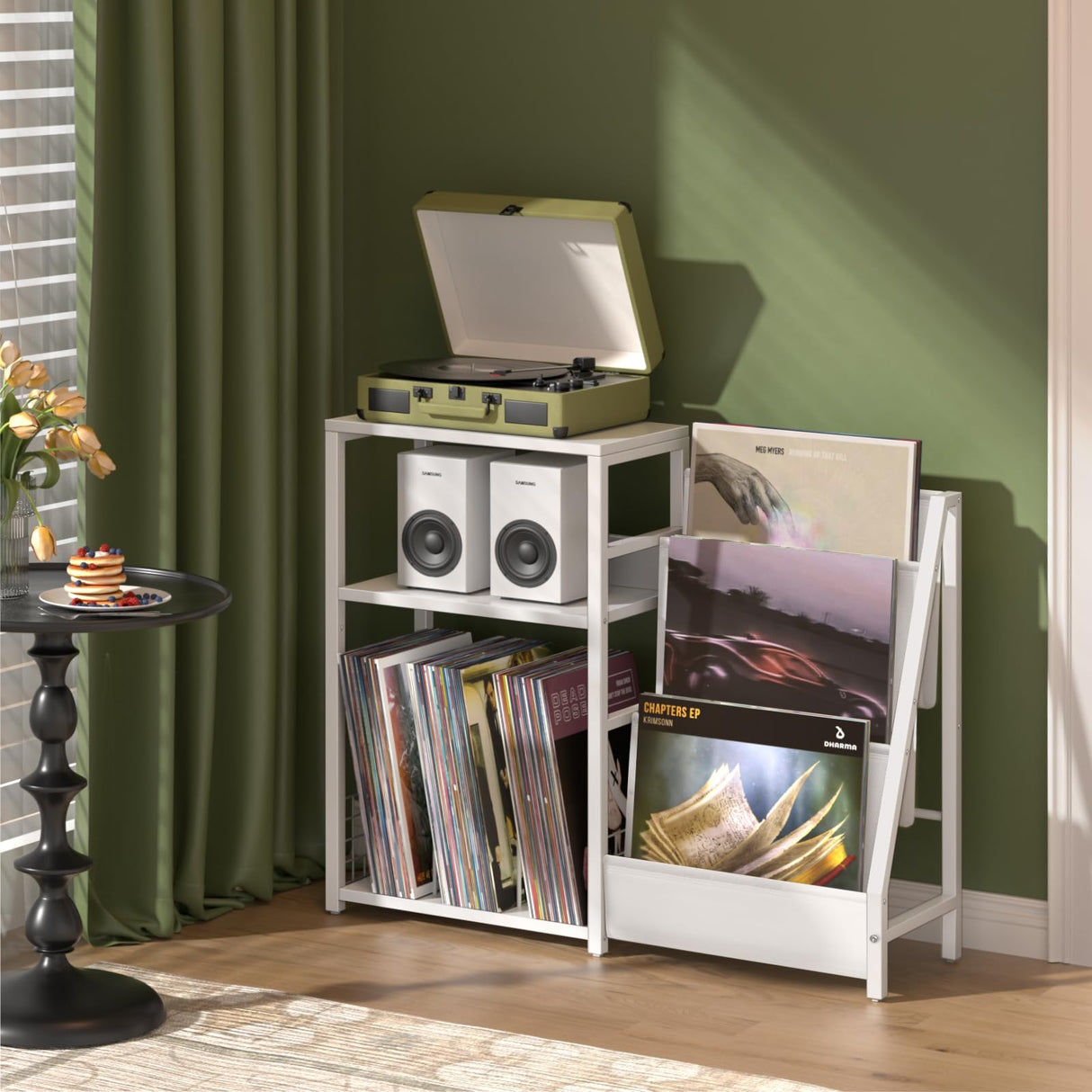 LELELINKY Record Player Table,Turntable Shelf with Vinyl Storage Up to 150 Albums,White Side Table with 3 Tier Magazine Periodical Book Rack,Wide Metal Record Holder Cabinet for Room Office LELELINKY