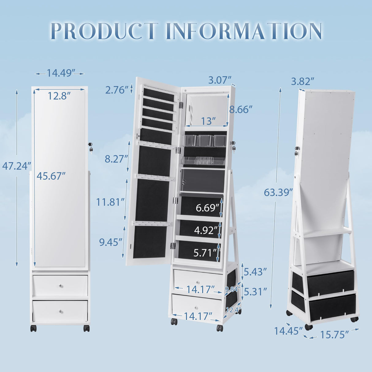 Furmax 360° Swivel Mirror Jewelry Cabinet with Lights, Full Length Mirror Jewelry Armoire Organizer, Standing Lockable Jewelry Storage Cabinet with 2 Drawers (White) Furmax