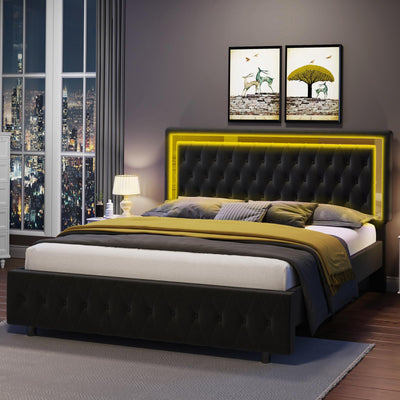 Jocisland Full Bed Frame with LED Lights Headboard&Footboard, Velvet Upholstered Full Size Platform Bed Frame No Box Spring Needed/Black