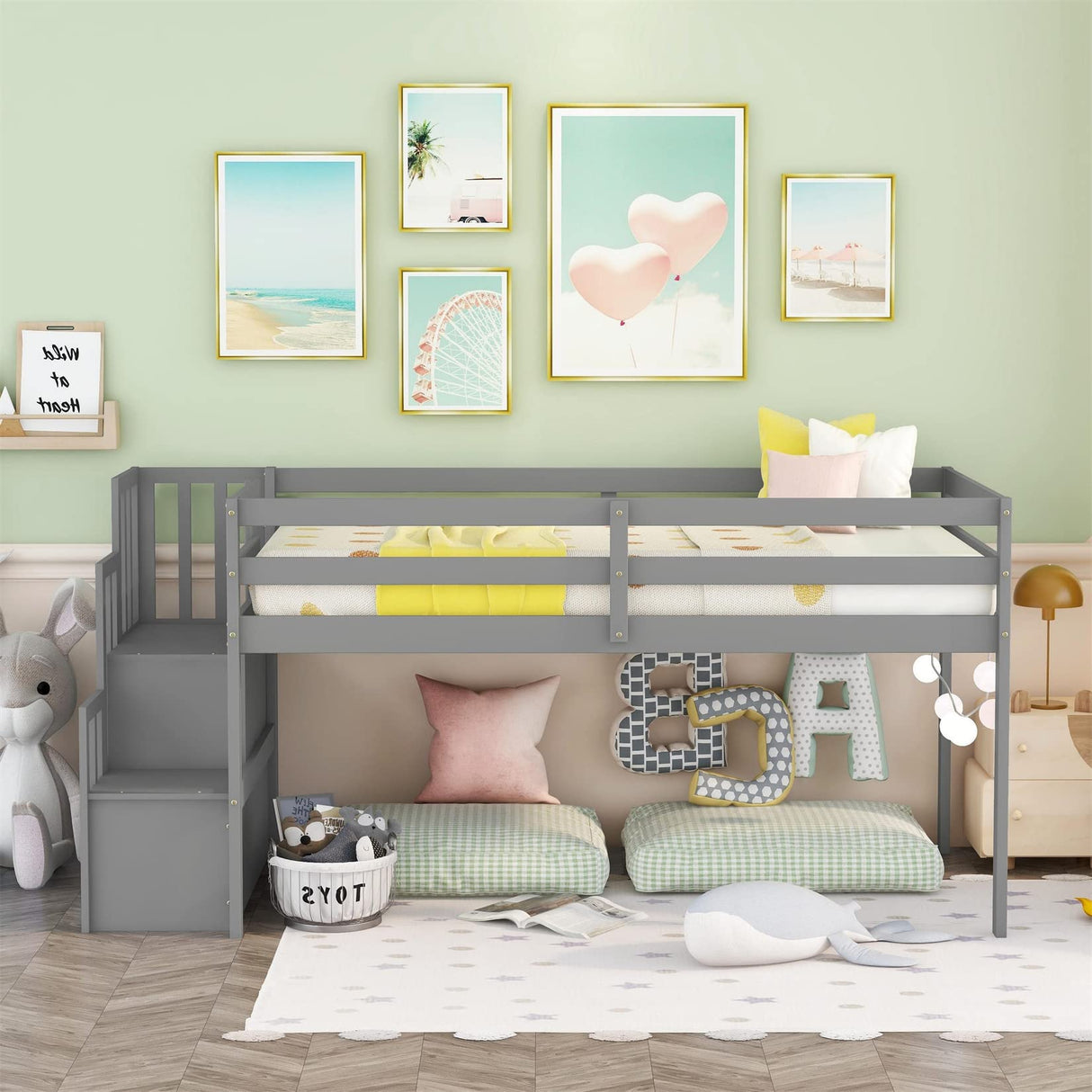 Bellemave Twin Low Loft Bed with Storage Staircase - Stylish Gray Frame for Kids and Teens Bellemave