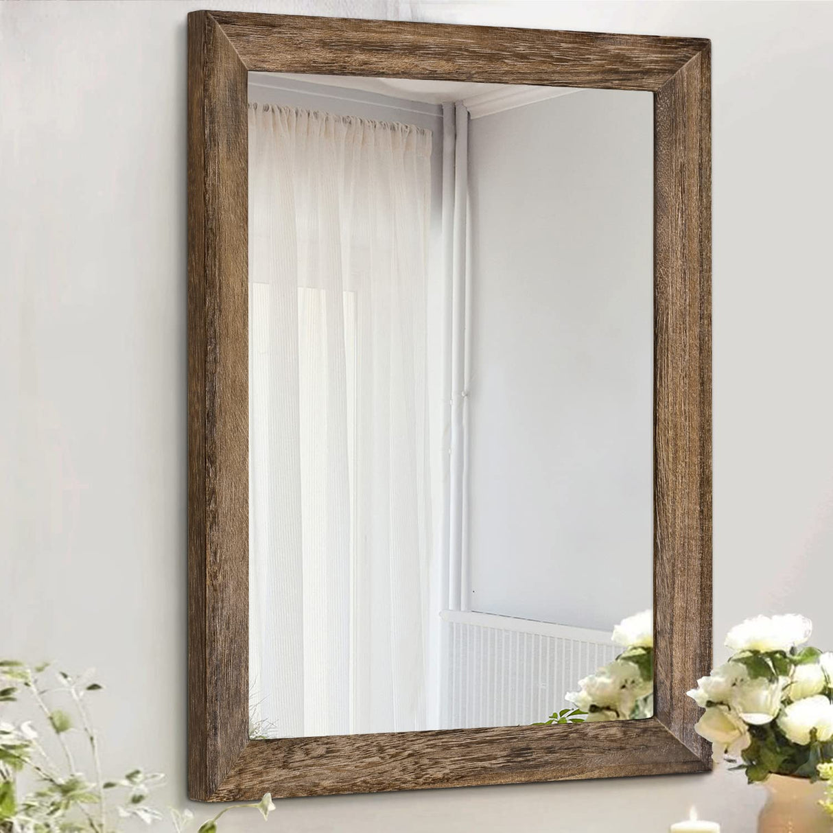 AAZZKANG Rustic Wood Mirror Rectangle Decorative Wall Mirrors with Frame for Bedroom Living Room Bathroom Entryway Hanging Small Brown AAZZKANG