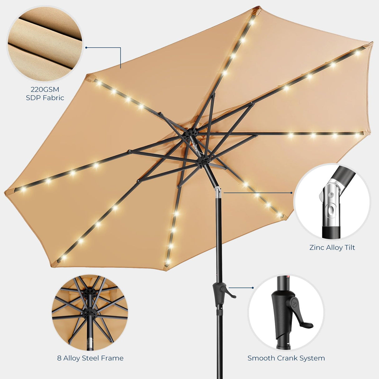 HOMSHADE 10ft Solar Patio Umbrella - Solar Lights LED Lighted Outdoor Market Table Umbrella, UPF50+ UV Protection with Push Button Tilt, Crank for Pool Deck and Garden (Beige) HOMSHADE