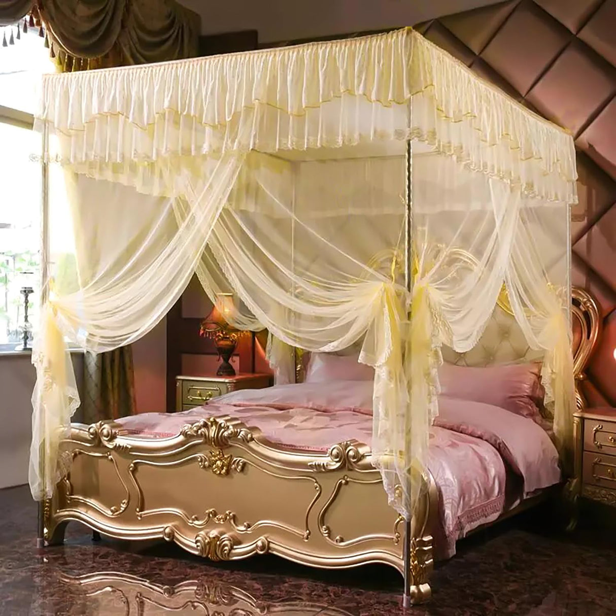 NKM Stainless Steel Adjustable Canopy Bed Frame, Suitable for Twin,Full,Queen and King Size, Thicken Bed Frame Bracket for Metal Bed or Wood Bed Mosquito Curtains Bedroom décor NKM