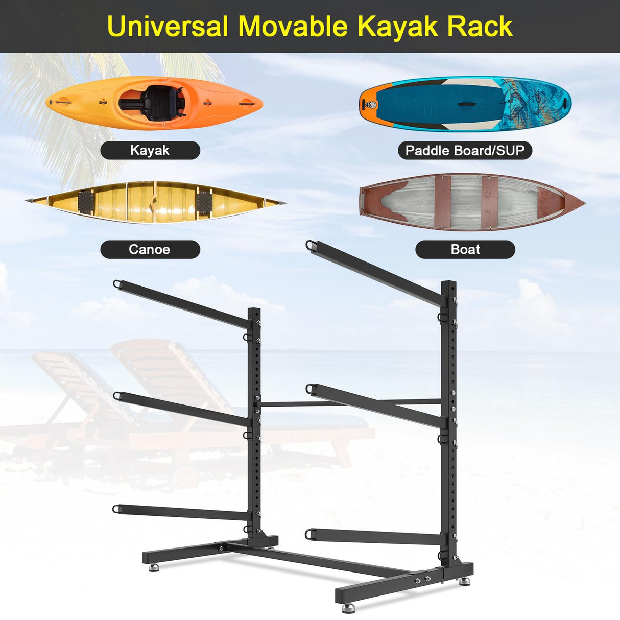 LotFun Kayak Storage Rack, Freestanding Heavy Duty Adjustable Kayak Stand Indoor Outdoor Storage Rack Garage, with Wheels and Foot Pad, for Kayaks, SUPs, Canoes, Surfboard(3 Levels) LotFun