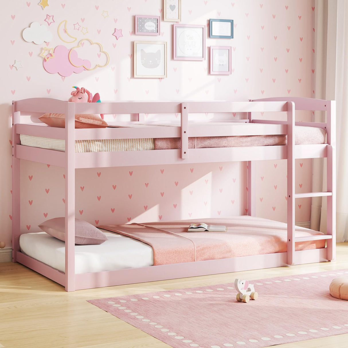 KOMFOTT Low Bunk Bed Twin Over Twin, Solid Wood Bunk Bed Frame with Built-in Ladder & Safety Guardrails, Space-Saving Low Bunk Bed for Kids, Teens, No Box Spring Needed KOMFOTT