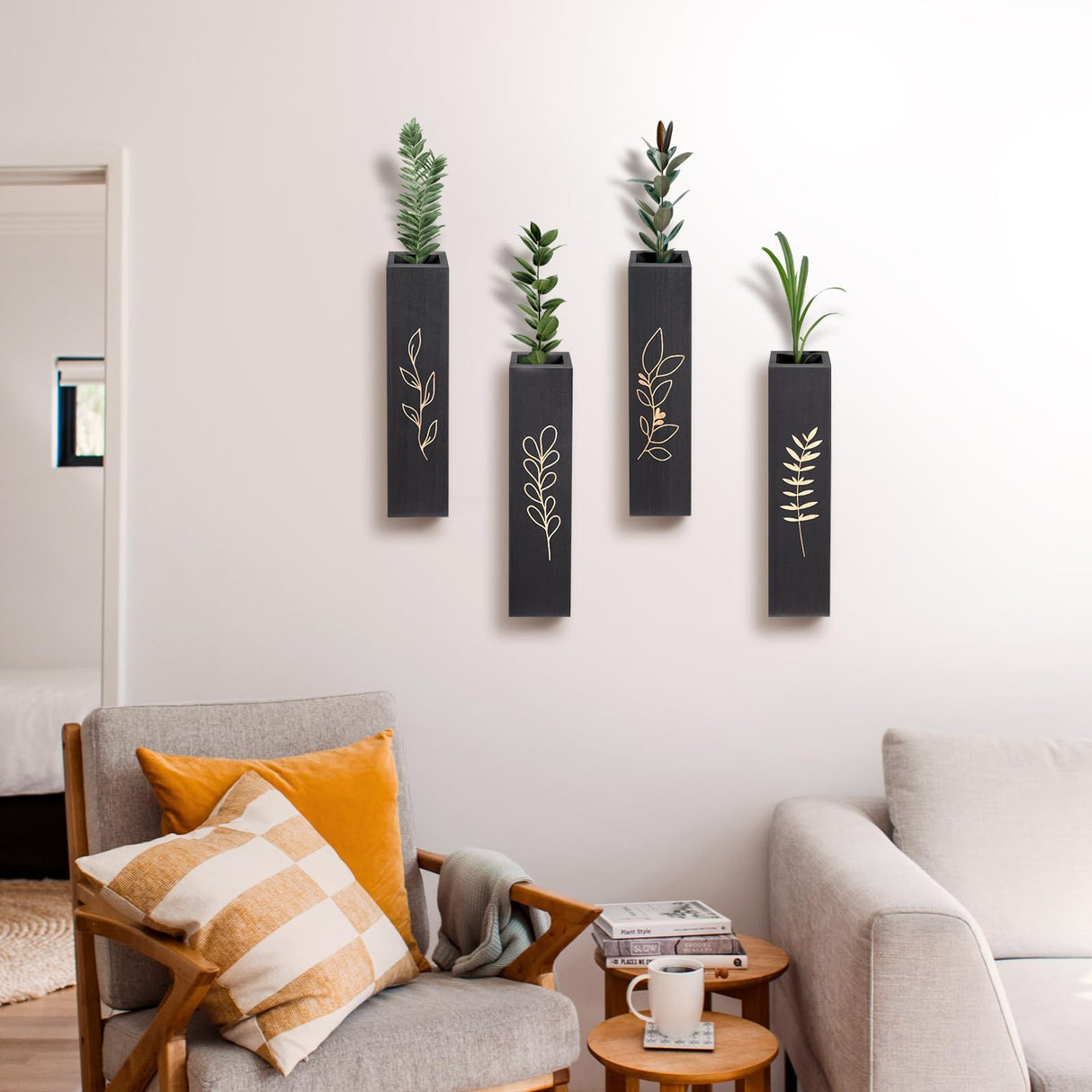 Wood Wall Planter, Farmhouse 4 Pack Indoor Pocket Wall Vases Decor for Living Room Bedroom Dried Flowers Faux Greenery Plants (Black) BOTOP