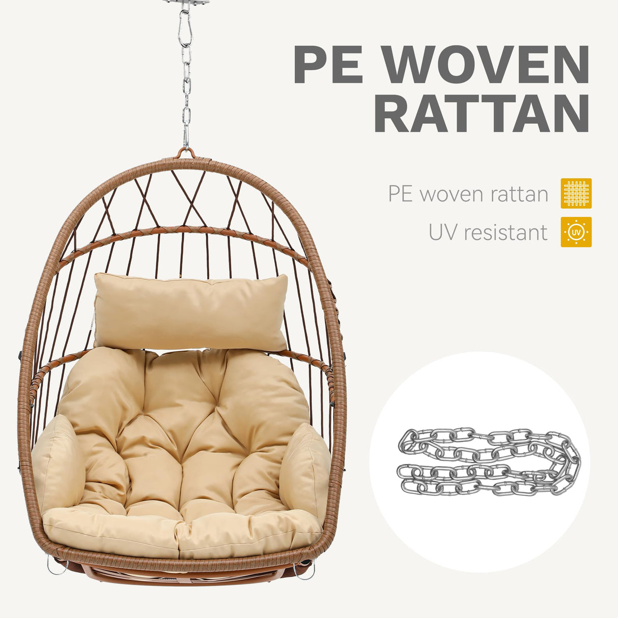 DWVO Egg Chair Without Stand, Basket Chair Hanging Outdoor Rattan Wicker Patio Hammock Indoor Egg Chair with Cushion, Hanging Swing Chair 350lbs for Porch, Garden, Bedroom, Balcony, Beige DWVO