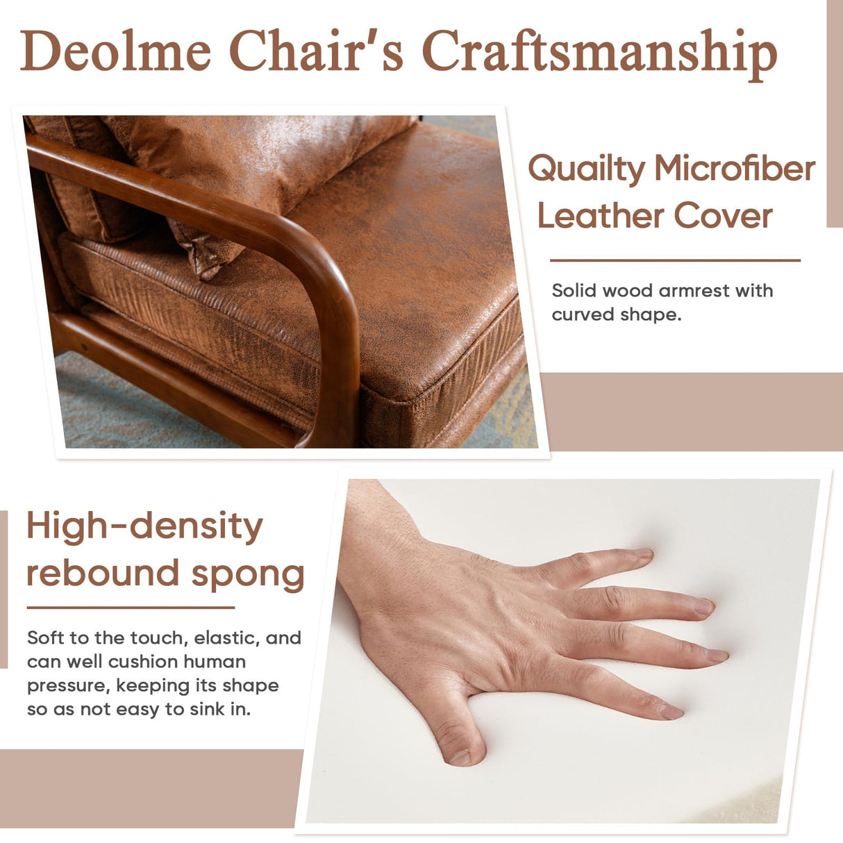 Mid Century Modern Accent Chair Set of 2 Living Room- Comfy Solid Wood Arm Chair with Lumber Pillow Lounge Decorative Brown Leather Office Side Chair Bedroom Reading Nook Sillas De Sala Microfiber Deolme