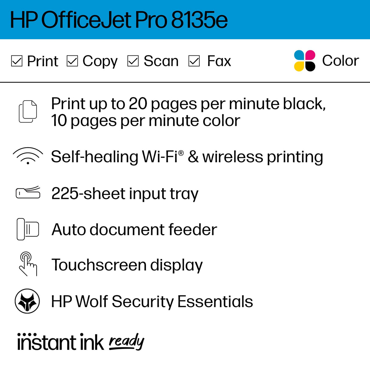 HP OfficeJet Pro 8135e Wireless All-in-One Color Inkjet Printer, Print, Scan, Copy, Fax, ADF, Duplex Printing, Best-for-Home Office, 3 Months of Instant Ink Included (40Q35A) HP