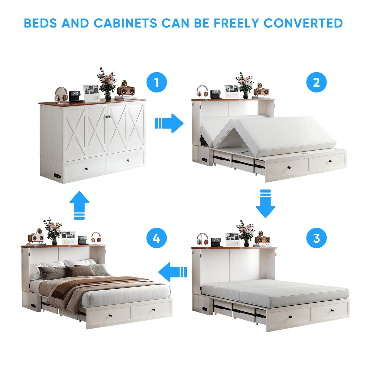 PUREMIND Murphy Bed Full with Mattress - Solid Wood - Hideaway Cabinet Bed Frame with Storage Drawers, USB Charging Ports - Space Saving Chest beds for Guest Room PUREMIND