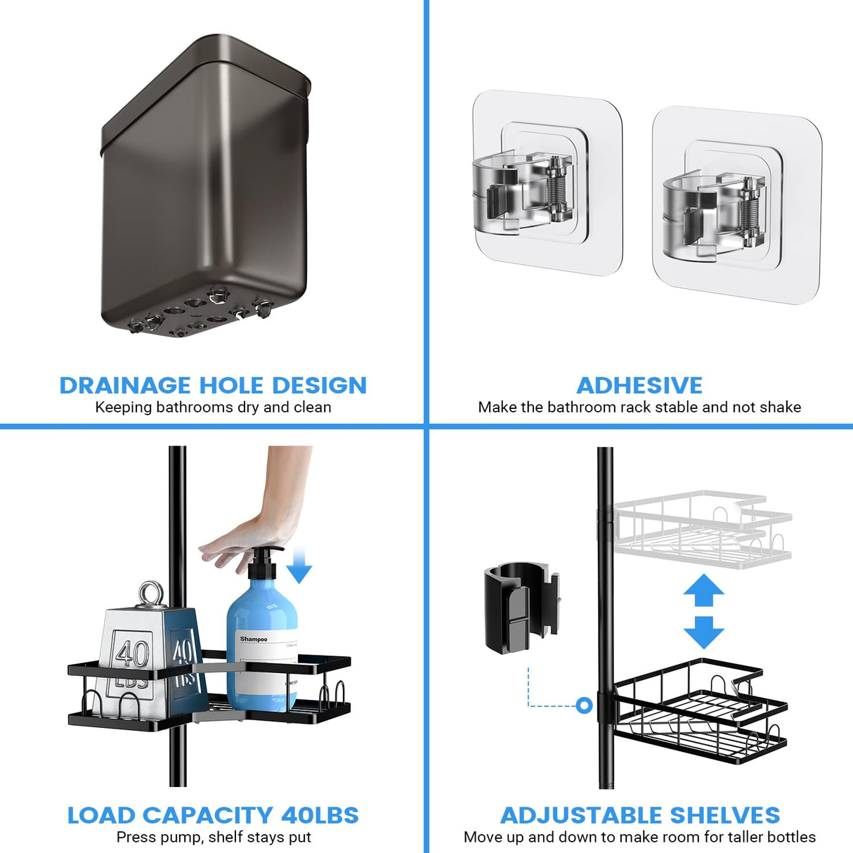 Aitatty Corner Shower Caddy Tension Pole: 4tier adjustable Rustproof Bathroom Organizer Shelves - Bathtub shampoo rack 43.5-120 inch Aitatty