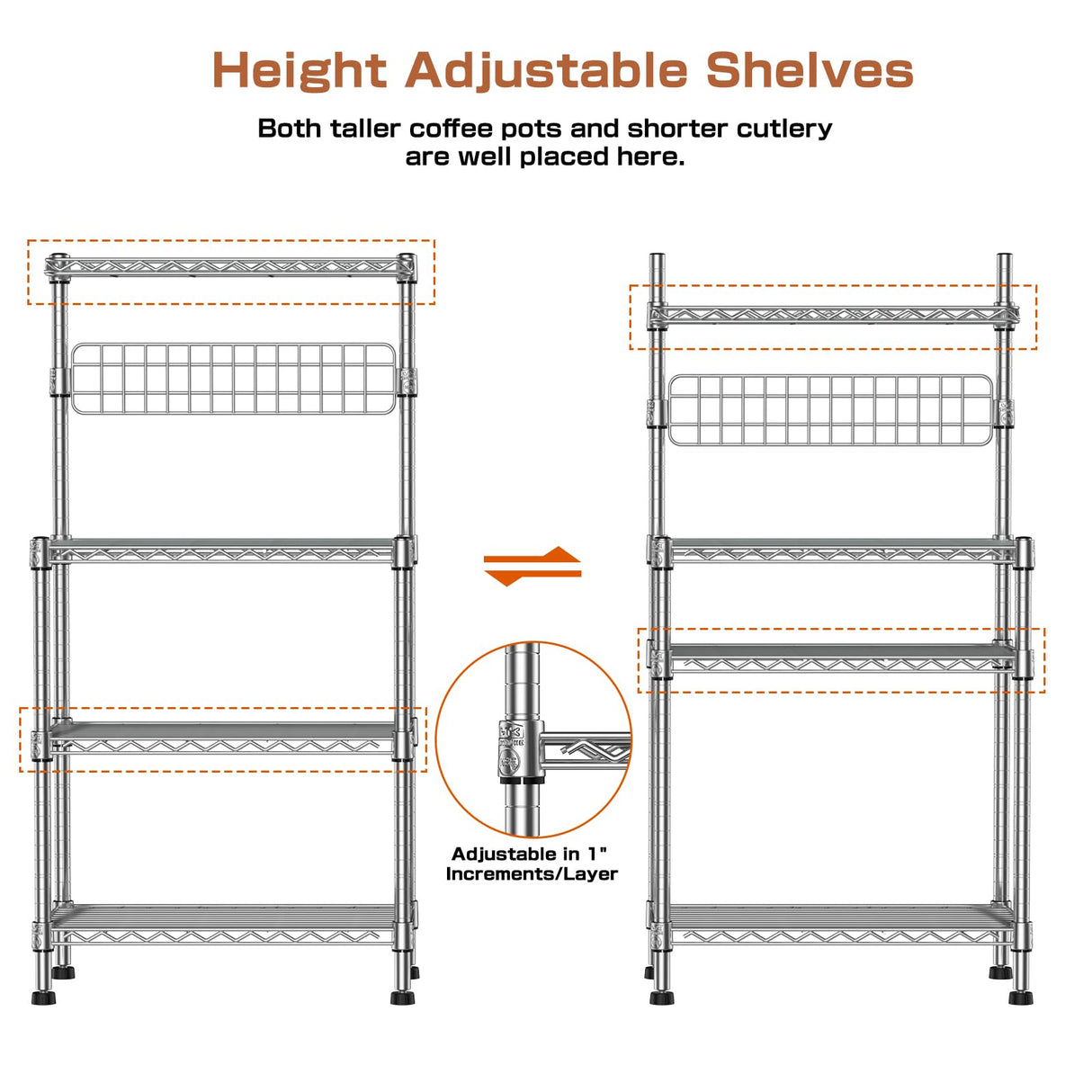 Leteuke Bakers Rack for Kitchen with Storage, NSF Certified 4-Tier Adjustable Coffee Bar with Wheels 10 S-Hooks Microwave Stand Kitchen Storage Shelf Metal Storage Rack 30 x 14 x 59 Inches, Chrome Leteuke