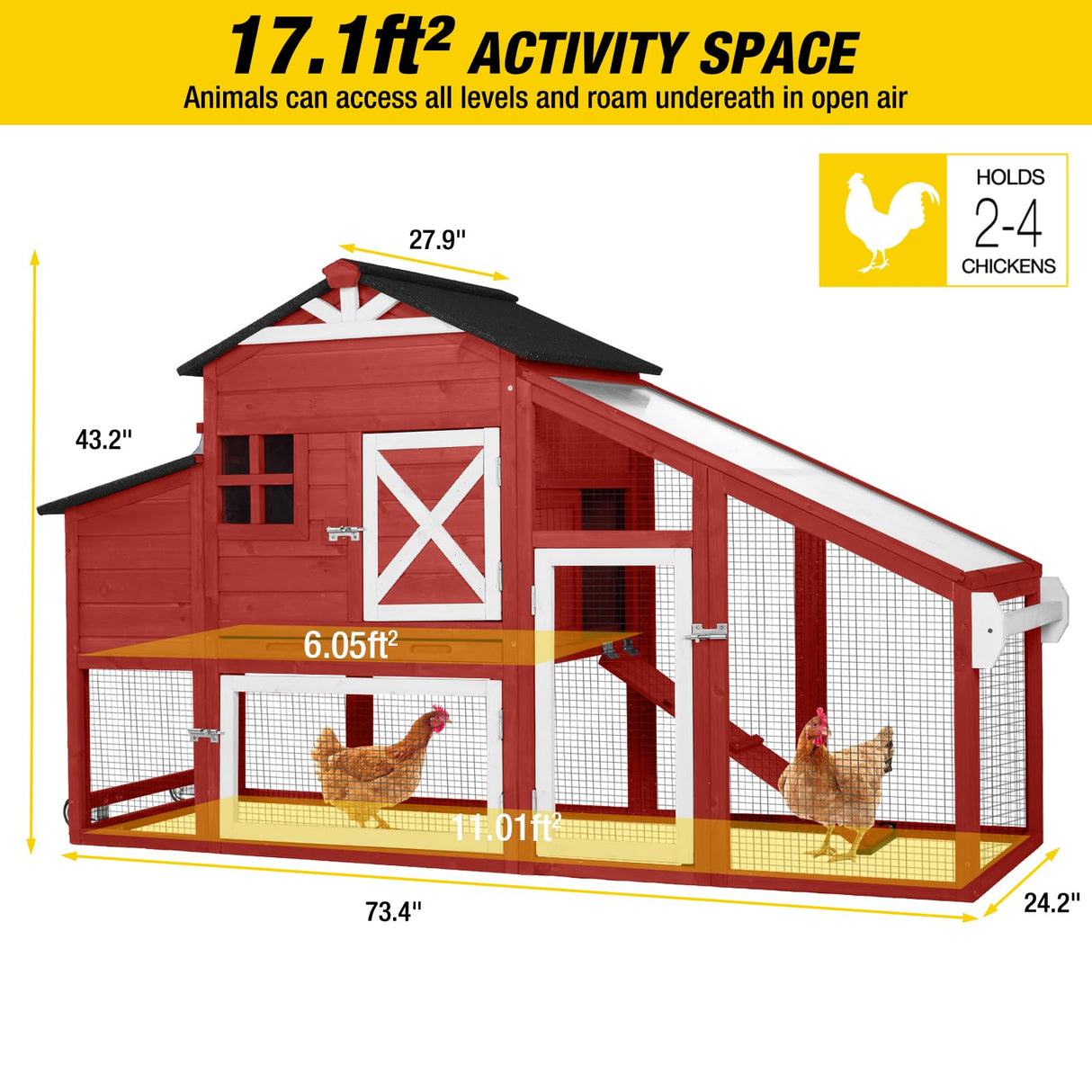 Aivituvin Chicken Coop Mobile Chicken House on Wheels Expandable Wooden Poultry Cage with Large Nesting Box Leakproof Pull-Out Tray Rabbit Hutch Bunny Cage,UV-Resistant Roof Aivituvin