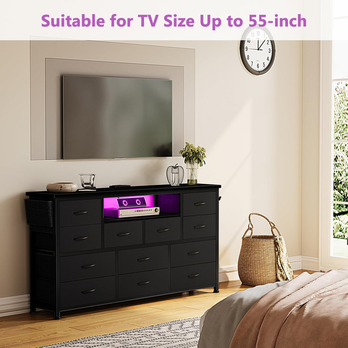 LIVEHOM Dresser TV Stand with Power Outlet & LED for 45'' TV, Long Dresser for Bedroom with 12 Drawers, Wide Console Table for Storage in Closet, Living Room, Entryway, Wood Top LIVEHOM