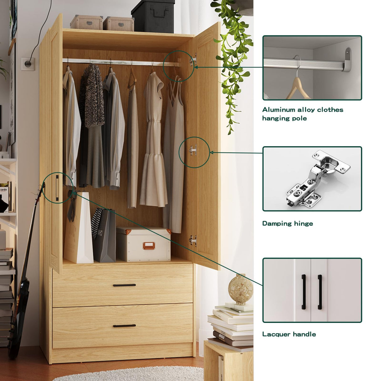 Fddevelop Wood White Wardrobe Closet with 2 Doors,Bedroom Freestanding Armoire Storage Cabinet with Shelves,Wooden Wardrobe Combination for Hanging Clothes (Wood Grain) (Wood Grain and 2 Drawer) Fddevelop