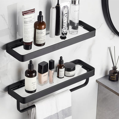 VOLPONE Bathroom Shelves Wall Mounted Glass Shelf for Floating Shelf Tempered Glass Shelves 2 Tier Bathroom Wall Organizer(Black)