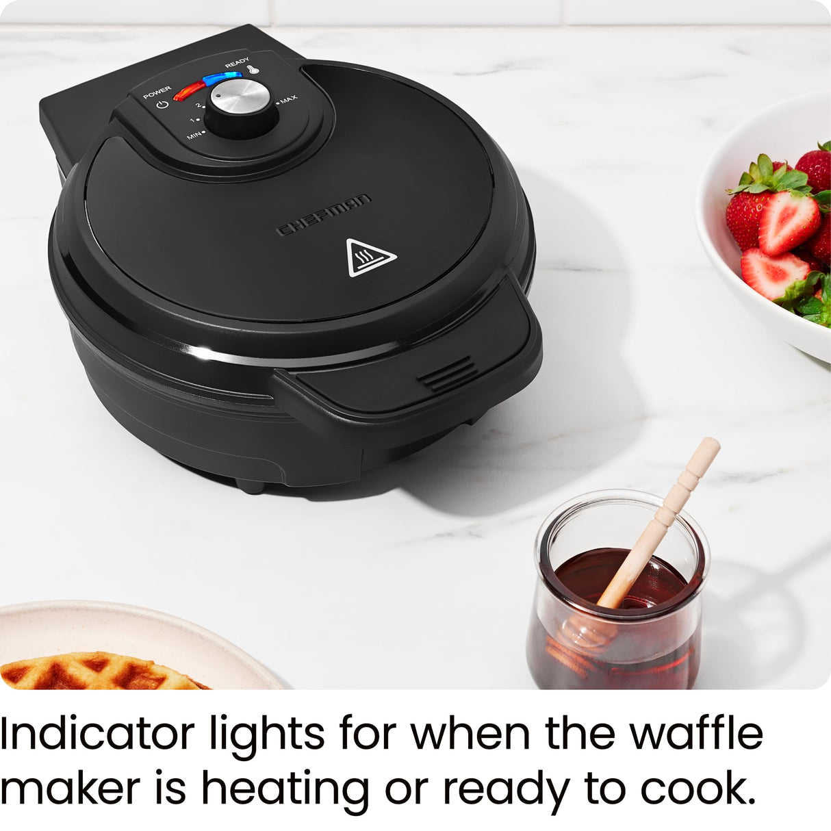 Chefman Anti-Overflow Belgian Waffle Maker w/Shade Selector, Temperature Control, Mess Free Moat, Round Iron w/Nonstick Plates & Cool Touch Handle, Measuring Cup Included, Black Chefman
