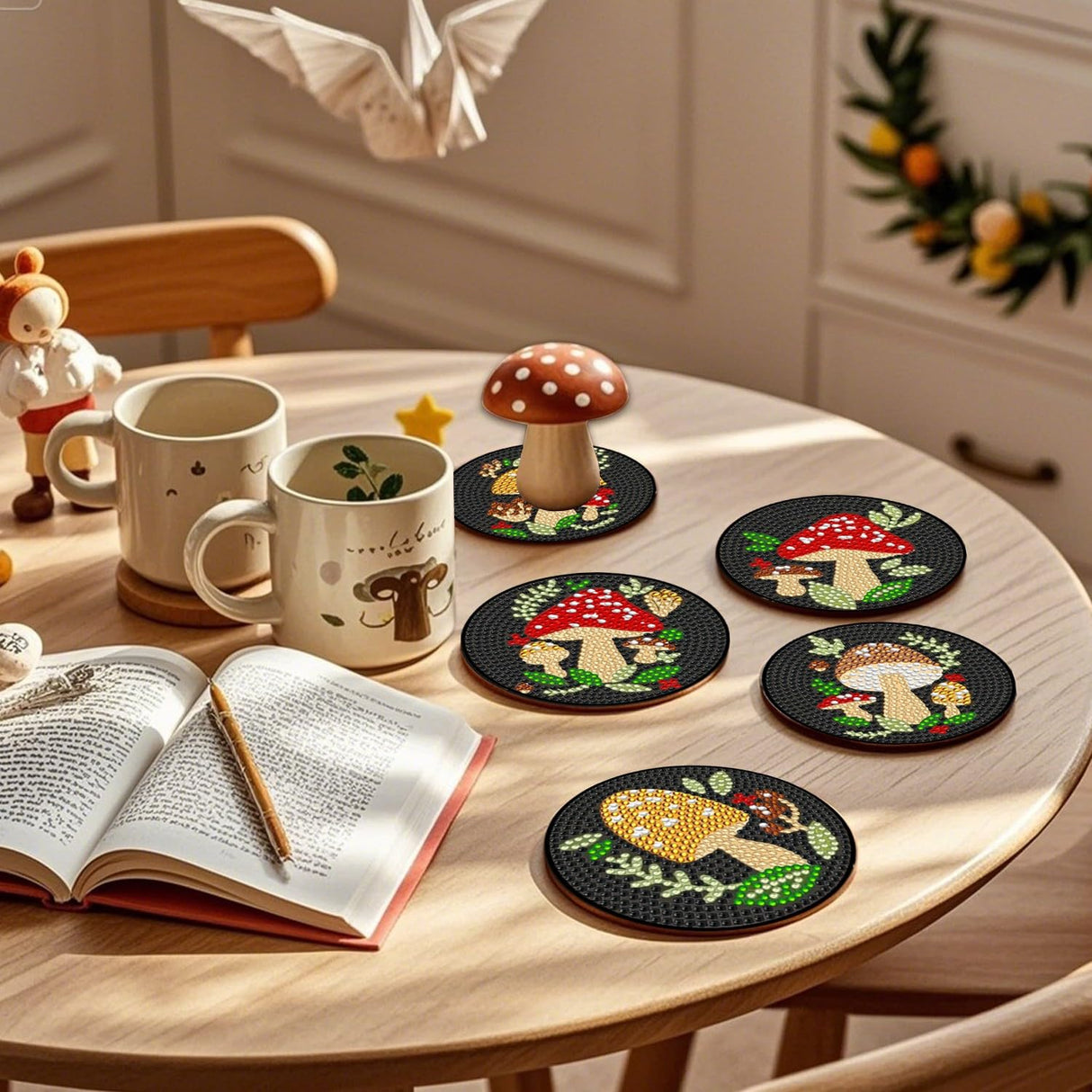 EWJRNSF 6 PCS Small Diamond Art Coasters Kits, Diamond Painting, Fall Diamond Art Kits for Adults Beginners, Arts and Crafts Item Sets with Holder for Drinks Mushroom EWJRNSF