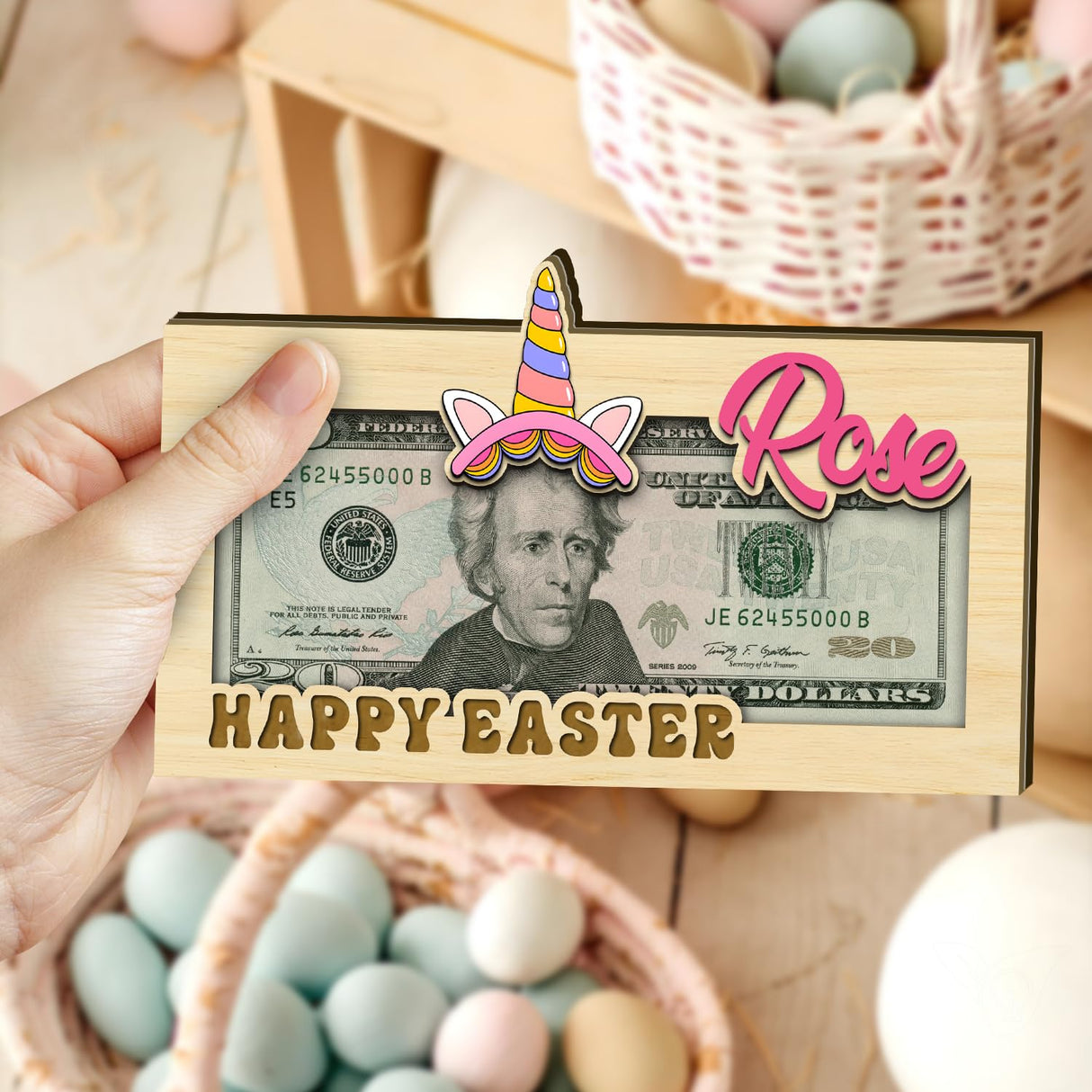Easter Personalized Money Gift Holder - Custom Name Wooden Easter Gift Card Money Holder for Boys Girls, Hanging Easter Gift Card Holder Gifts V-DECORPARKS