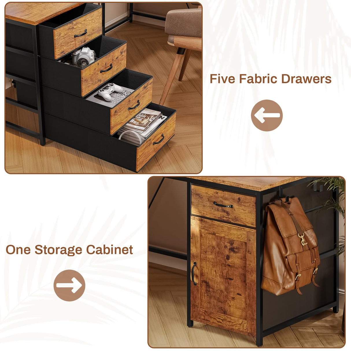 SEDETA L Shaped Desk, 63" Computer Desk with 5 Drawer & Power Outlet, Long Home Office Desk or Corner Desk, L Shaped Corner Desk with Monitor Shelf, Storage Cabinet, Rustic Brown SEDETA