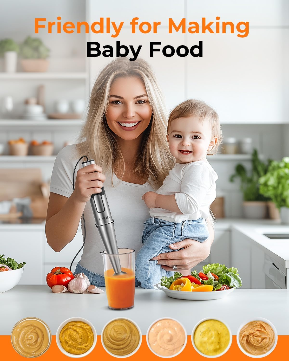 KOIOS Immersion Blender, 1100W Trigger Variable Speed Hand Blender, 5-in-1 Immersion Blender Handheld, Anti-scratch Stick Blender with Chopper, Whisk, Beaker and Frother, Non-BPA KOIOS