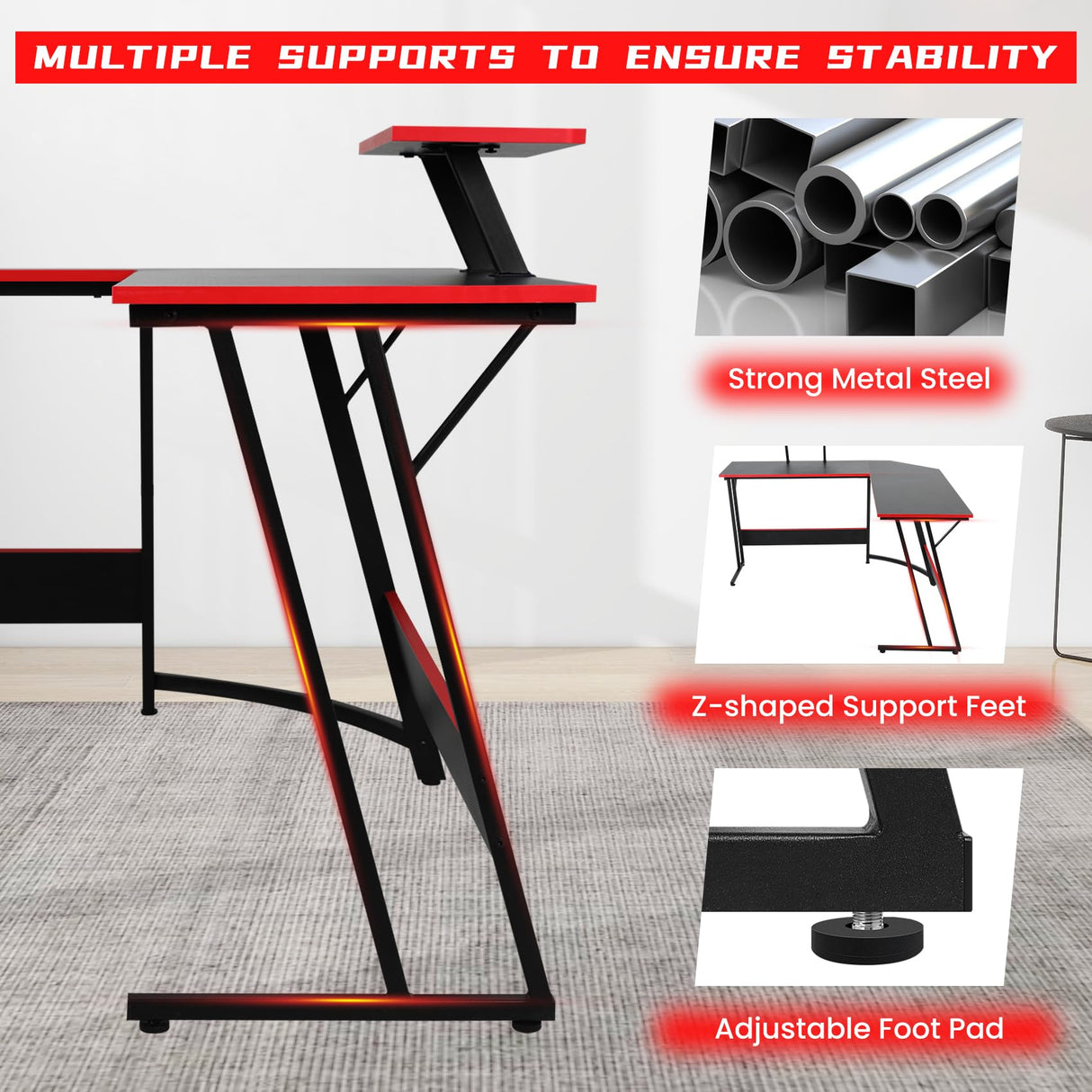 BLKMTY L Shaped Desk PC Gaming Desk Computer Desk with Monitor Stand Large Desktop Studying Executive Table Corner Desk Office Computer Table for Home Office Sturdy Writing Workstation, Pink BLKMTY