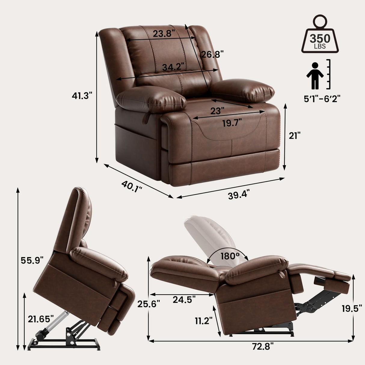 Couchus Infinite Position Dual Motor Power Lift Chair Lay Flat Sleeper Recliner Chair with Massage and Heating for Elderly, USB Ports and Remote Control,Breathable Leather (Red Brown) Couchus