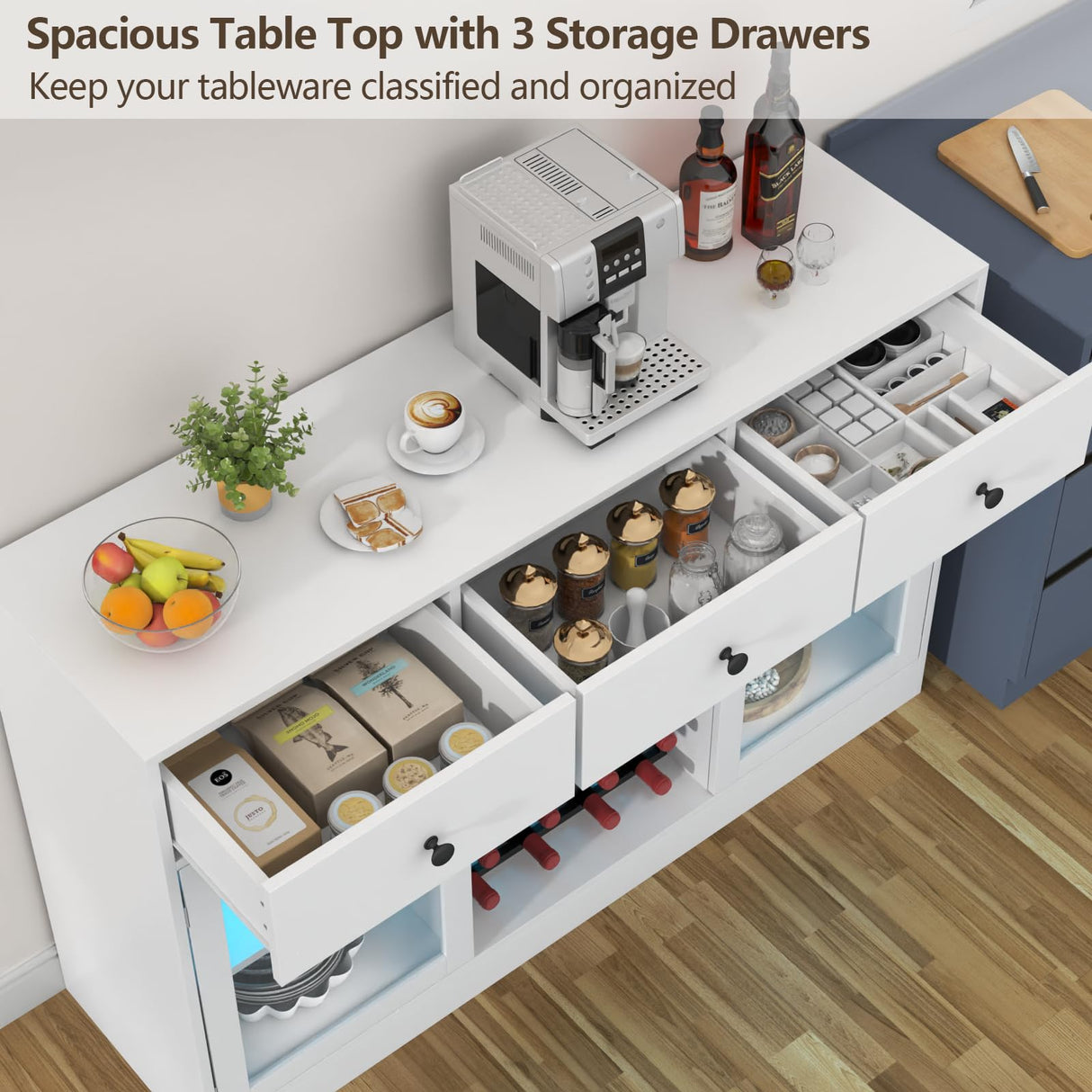 Auromie Wine Bar Cabinet with LED Light, Home Coffee Cabinet with Wine and Glass Rack, Kitchen Buffet Sideboard with Storage Cabinet&Drawers, Modern Liquor Cabinet for Living Room Dining Room (White.) Auromie