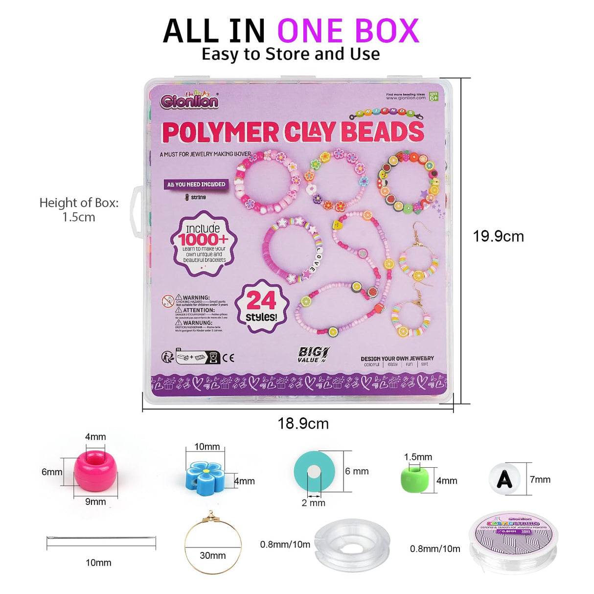 Gionlion 1000PCS Polymer Clay Beads Bracelet Making kit, 24 Style Cute Fun Fruit Flower Rainbow Butterfly Animal Heart Star Beads Charms for Jewelry Necklace Making Gift for Girls Kids Gionlion