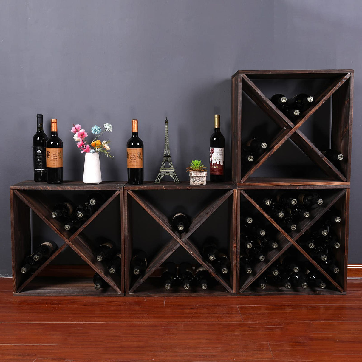 FDHUIJIA Wine Racks countertop Solid Wood Stackable Storage Rustic Retro Cube 48-Bottle Wooden Wine Rack Wine Cabinet(48BottleBlack) FDHUIJIA
