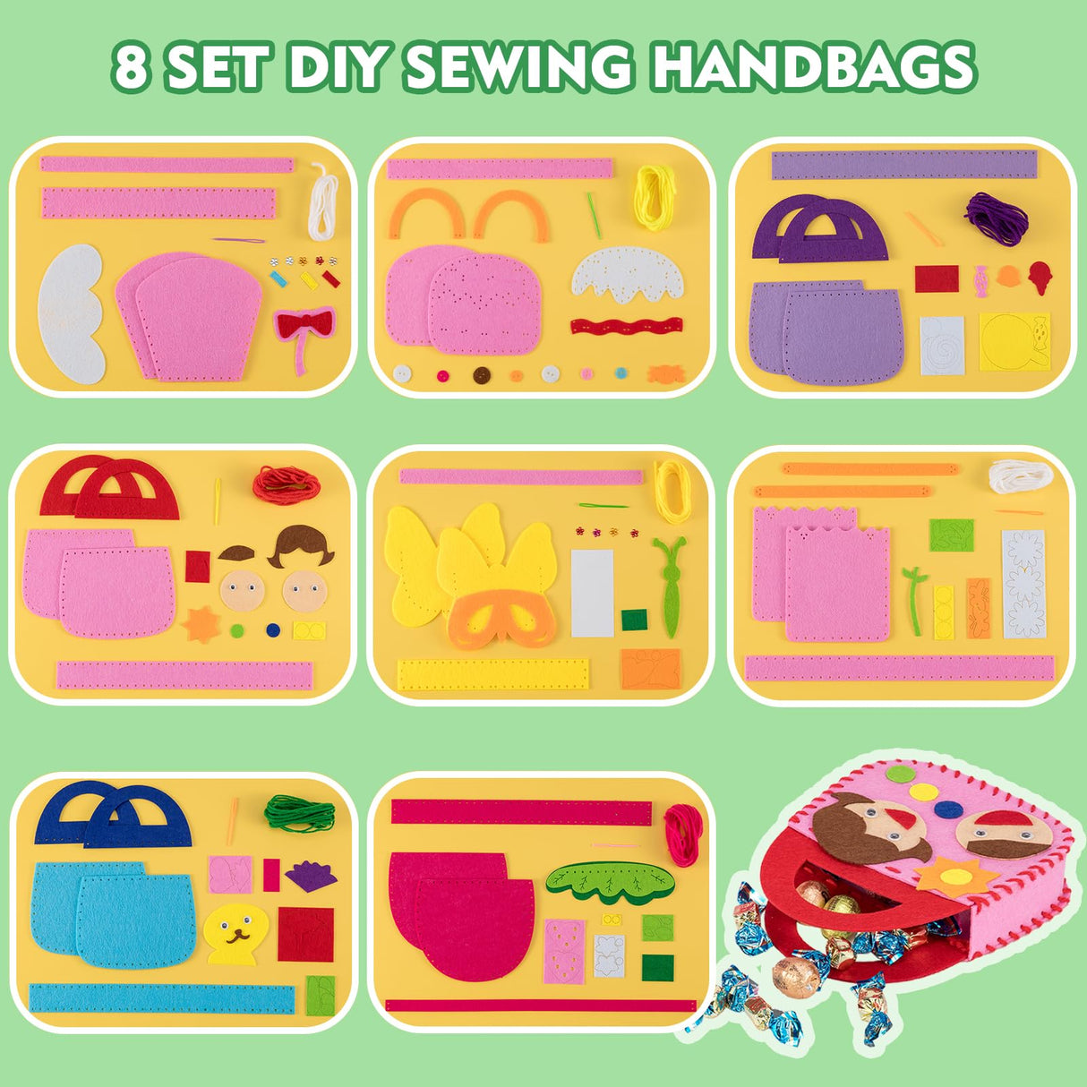OZENT 8 Set Sewing Handbag Kit, Sew Your Own Purses and Handbags, Felt Sewing Kit with Stickers DIY Sewing Felt Craft for Girls OZENT