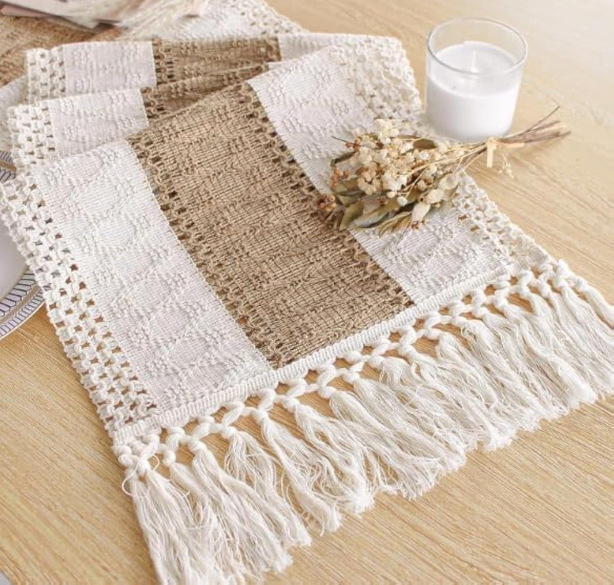 Fexia Boho Table Runner for Thanksgiving Home Decor with Tassels 90 Inch Cream & Brown Macrame Runner for Dining & Bedroom Baby Bridal Shower Decor(12x90 Inches) FEXIA