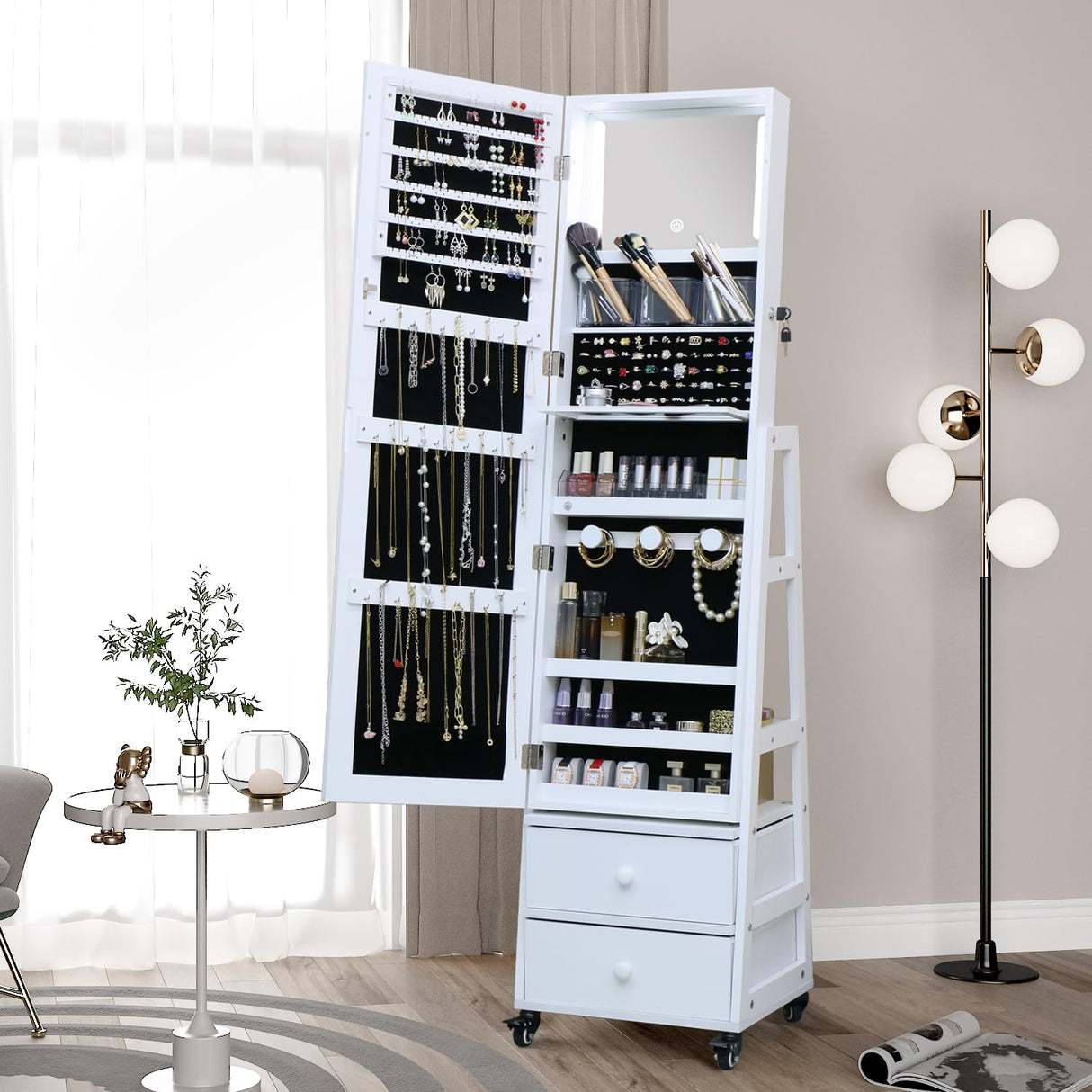 Jewelry Cabinet Standing Mirror with Drawers Wheels Full Length Mirror Jewelry Storage with Touch Screen Vanity Mirror Rotatable Jewelry Armoire Organizer with Lock White Christmas Gift for Women MASMIRE