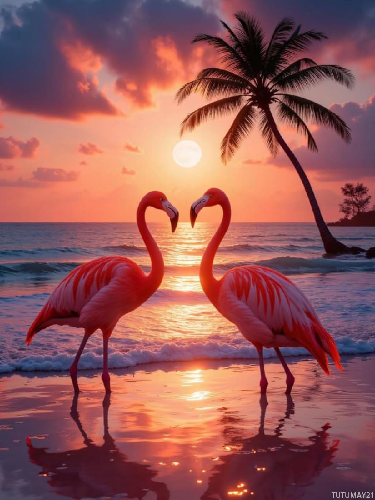 TUTUMAY21 Diamond Art Kit for Adults, Tropical Flamingos Sunset Beach Diamond Painting for Adults Beginners, DIY 5D Diamond Art Painting Kits Craft for Home Wall Decor 12x16 Inch Frameless TUTUMAY21