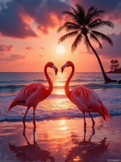 TUTUMAY21 Diamond Art Kit for Adults, Tropical Flamingos Sunset Beach Diamond Painting for Adults Beginners, DIY 5D Diamond Art Painting Kits Craft for Home Wall Decor 12x16 Inch Frameless
