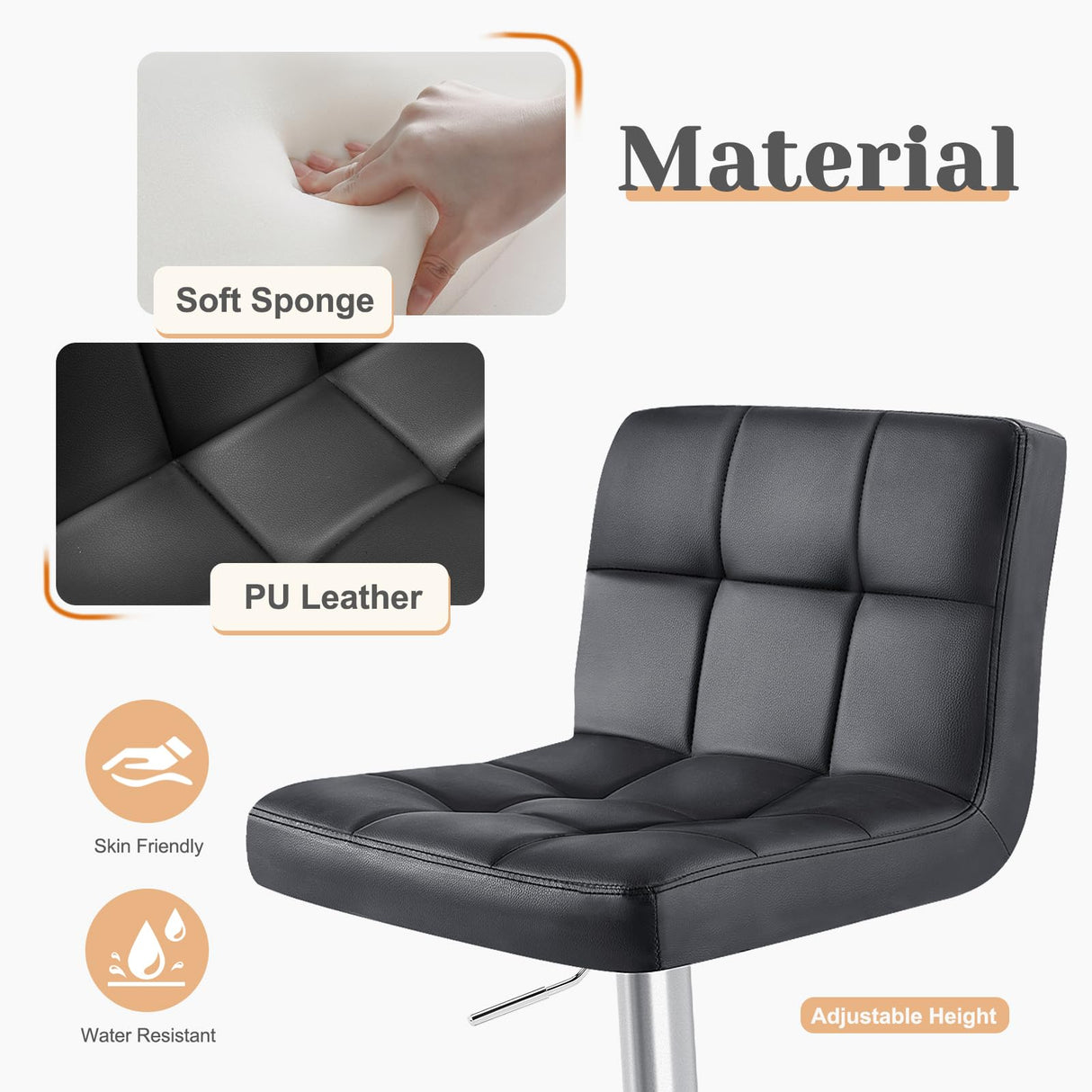 Sweetcrispy Bar Stools Set of 4, PU Leather Adjustable Swivel Barstools, Armless Hydraulic Kitchen Counter Height Bar Stools, Thickened Seat Cushion Square Island Barstools with Back, Black Sweetcrispy