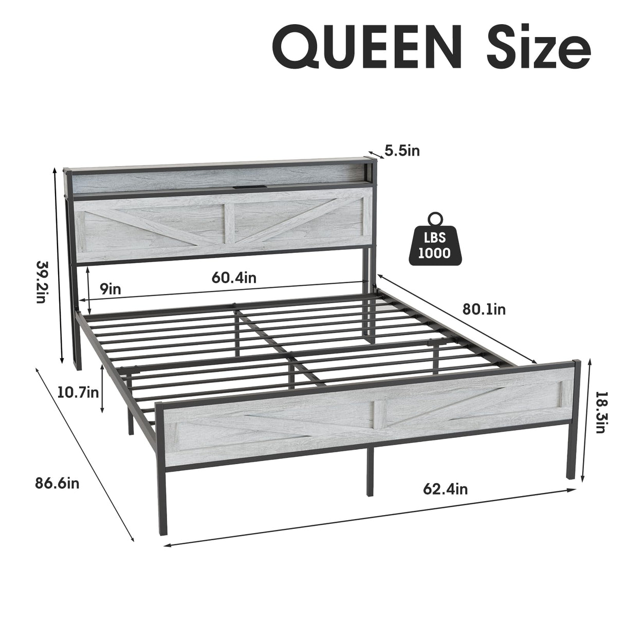 Halitaa Queen Size Bed Frame with LED Lights and Charging Station in Antique White Halitaa