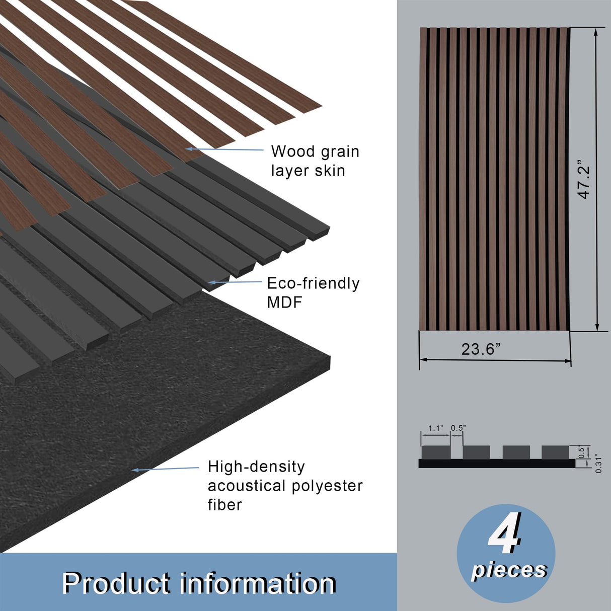 E-HAO 4-Piece Wood Slat Acoustic Panels for Stylish Decor and Noise Reduction, 3D Textured Panel for Ceiling and Wall - JK Walnut (47.2 L x 23.6 W in) E-HAO