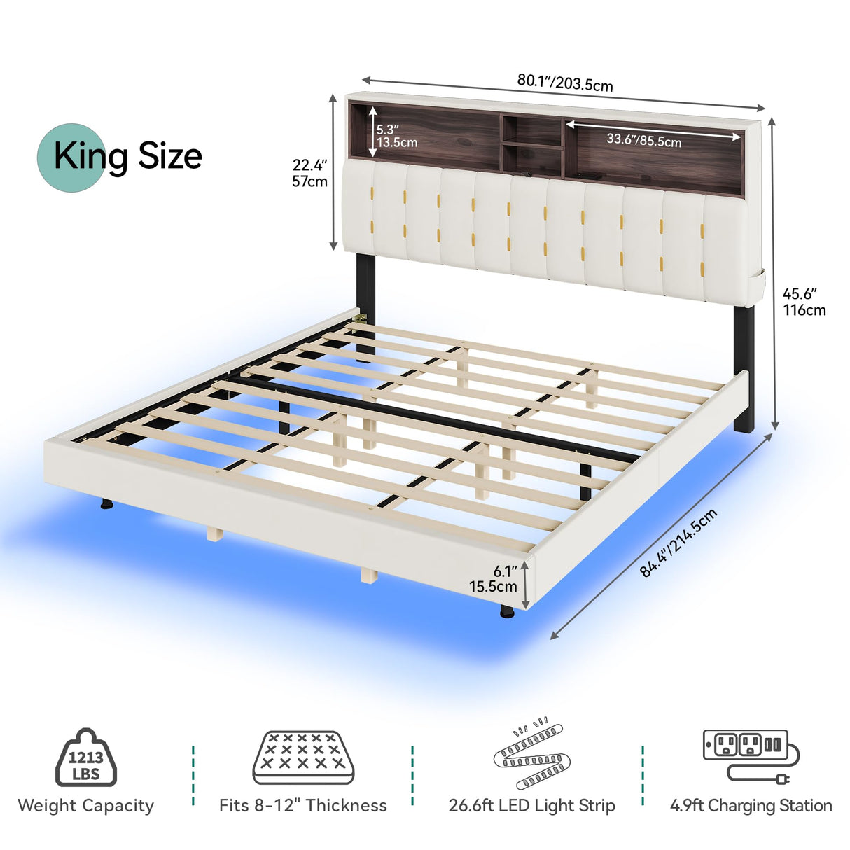 YITAHOME King Size Floating Bed Frame,Upholstered Platform Bed with RGB LED Lighting, USB Charging and Headboard Storage,Velvet Platform Bed Frame, Box Spring Not Required - Beige YITAHOME