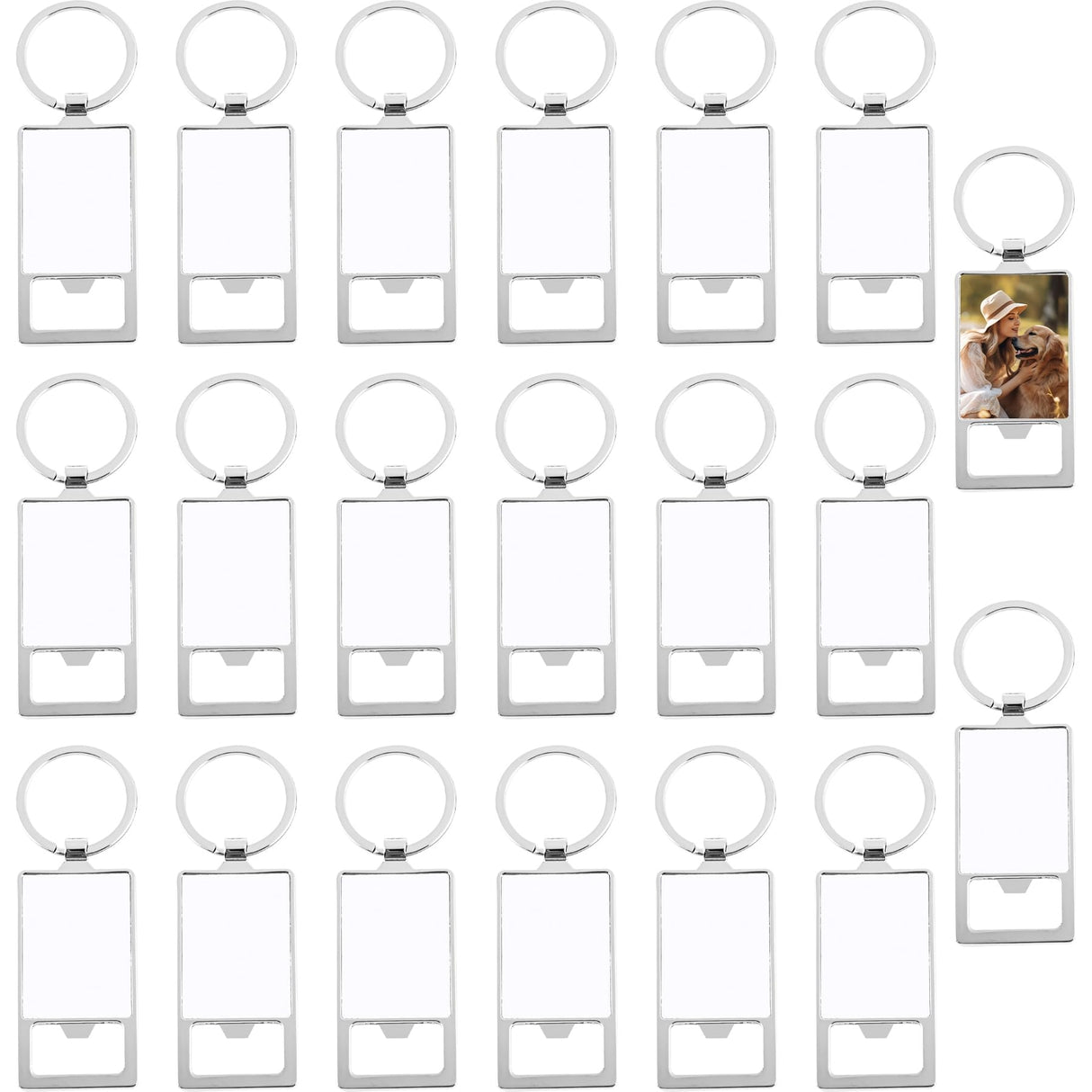 Framendino, 20 Pack Sublimation Blanks Keychains Metal Bottle Opener Transfer Rectangle Aluminum Keychain Key Rings for Photos Framendino