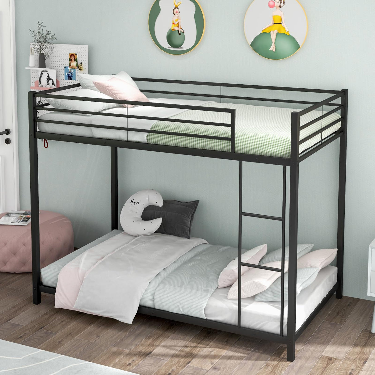 KOMFOTT Metal Low Bunk Bed Twin Over Twin, Heavy Duty Bunk Bed Frame with Ladder & Full-Length Guardrails, Metal Slatted Floor Bed Frame for Teens & Adults, No Box Spring Needed (Black) KOMFOTT