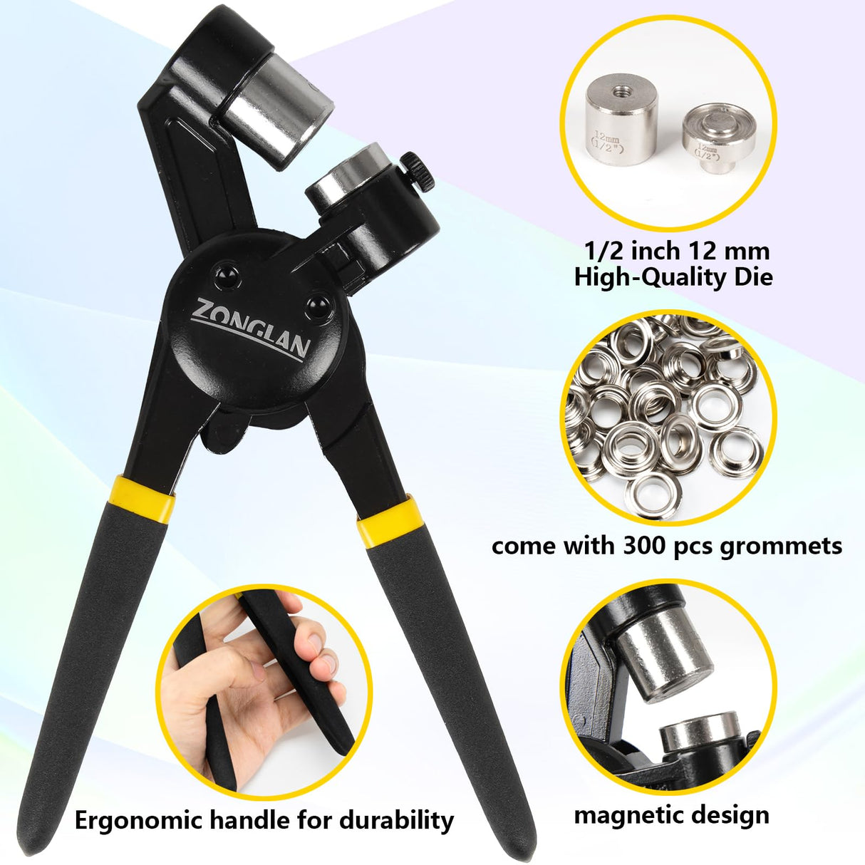 Heavy Duty Grommet Tool Kit with 1/2 Inch Die and 300 Sets of 12MM Grommets,Handheld Manual Eyelet Tool Rivet Press Punch Pliers for Leather Canvas Fabric zonglan